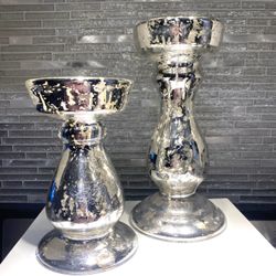 Beautiful Mercury Glass Larger Pillar  Candle Holders  Set of Two - 11” tall and 8” tall
