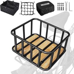 RAYMACE Bike Basket Rear, Bamboo Base Bicycle Basket with Rainproof Covers 