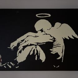 For Sale: Banksy-Style Angel Canvas Replica – Stencil Street Art