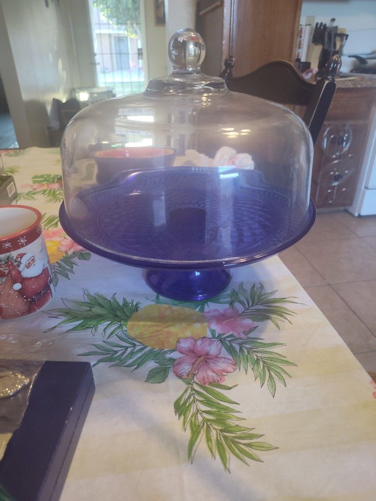Vintage Anchor Hocking Cobalt Blue Wexford Cake Stand