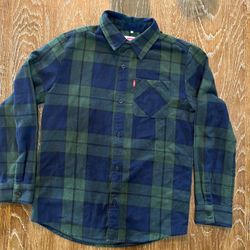 Levi’s Boys Classic Flannel Button Up Plaid Shirt Green Blue Size 14/16