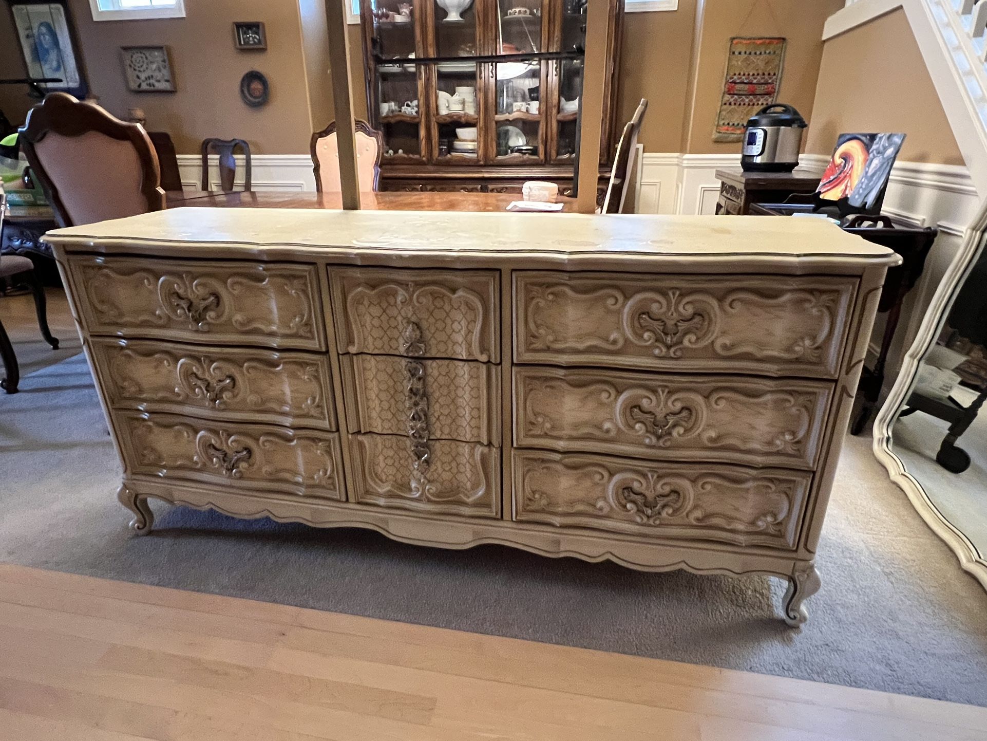 Bassett French Provincial Headboard, 9 Drawer Dresser And Newish Queen Mattress With Topper And Bedding 