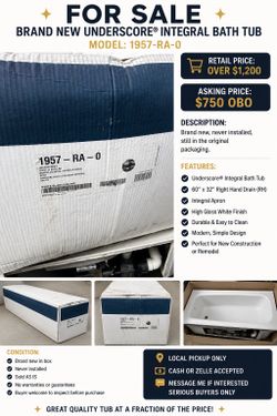 🛁 Brand New Kohler Underscore® Alcove Bathtub – 60” x 32”