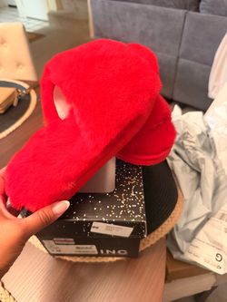 INC Women's Red Faux Fur Slide Slippers