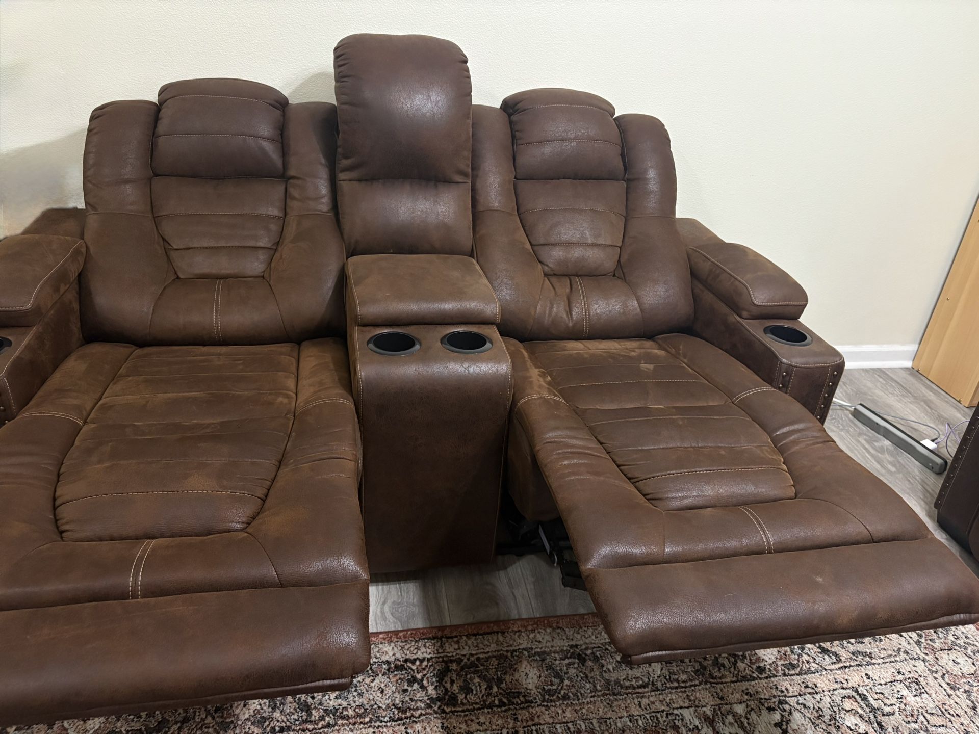 Leather Double Wall Hugger Reclining Couch Manual Home Movie Seating Chairs Or Couch Seats with Cup Holders/Storage//Pillow, Brown