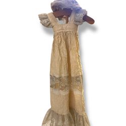 Antique Doll Dress & Bonnet w Wooden Stand c.1890–1910