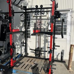 New and assembled/Smith Machine,Multifunctional Squat Rack ,Cable Crossover Smith Machine for Home Gym, Power Cage with Dip/Leg Raise Attachments, Red