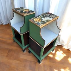 Nightstands / End Tables / Pair / Vintage Floral Green & Gold – Set of 2