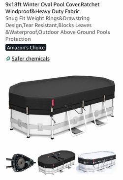 9x18ft Winter Oval Pool Cover,Ratchet Windproof&Heavy Duty Fabric Snug Fit Weight Rings&Drawstring Design,Tear Resistant,Blocks Leaves &Waterproof,Out