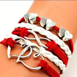 LEATHER ROPE DOUBLE HEART BANGLE BRACLET 