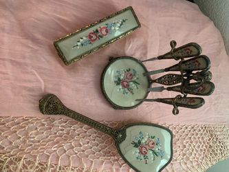 Vintage Needlepoint Vanity Set with Mirror