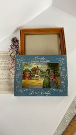 Vintage Needlework Hiawatha Heirloom Embroidery Kit Frame Linen Floss Needle Godey’s Fashions 1845