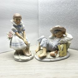 Lefton China Set- Hand painted Boy In Jeans And Girl Sitting With Flowers - Reduced Again 
