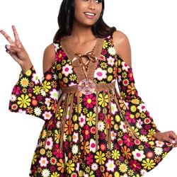 Women’s 60s Hippie Bell Sleeve Mini Dress with Peace Sign Belt & Fringe 