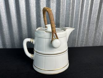 Antique English Ironstone Hot Water Pot, Wicker-Wrapped Handle, Gilt Bands