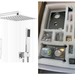 Open Box Polished Chrome Shower System 10 Inch Bathroom Luxury Rain Mixer Shower Combo Set Wall Mounted Rainfall Shower Head and Handheld System Showe