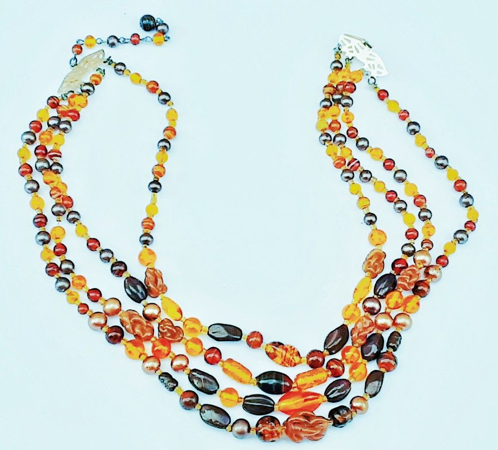 Mid century quad strand brown and amber glass beaded choker necklace approx. 15-18"