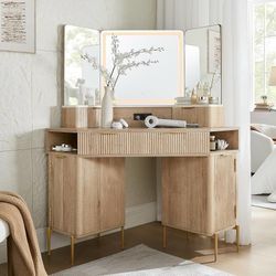 48'' Fluted Makeup Vanity Desk with HD Triple Mirror and Lights, Large Lighted Corner Vanity with Glass Top, Modern Dressing Table with 3 Drawers & 2 