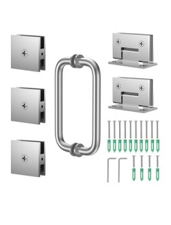 Shower Door Hardware Kit 304 Stainless Steel for 6/25"-1/2" (6mm-12mm) Tempered Glass, Hardware Accessories with 8" Handles Hinges Glass Clamp - Brush