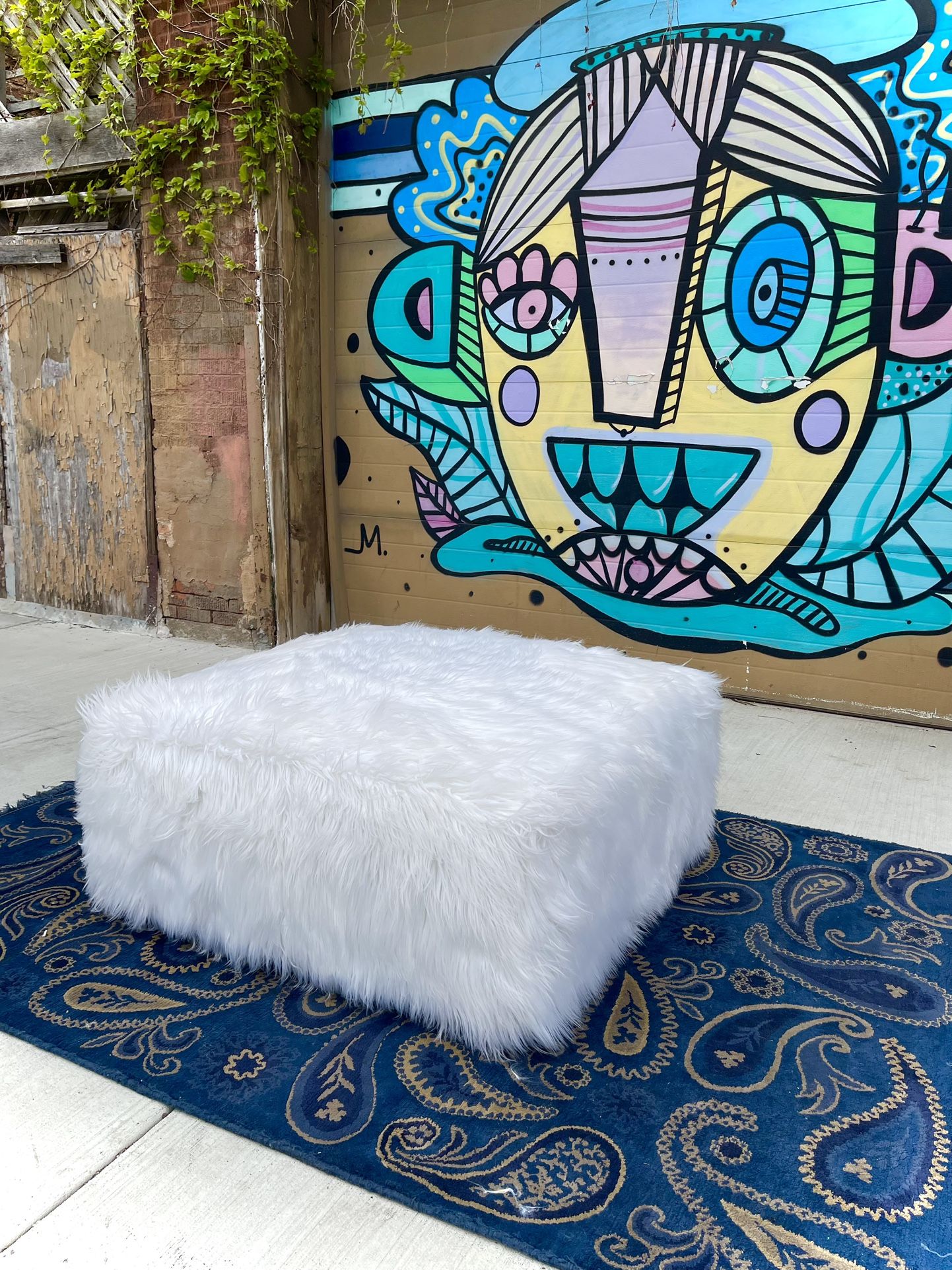 White Fur Ottoman (Delivery Available)