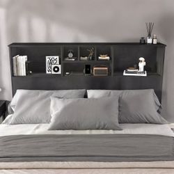 QUEEN Bookcase Headboard - LED Lights + Charging Station - BLACK