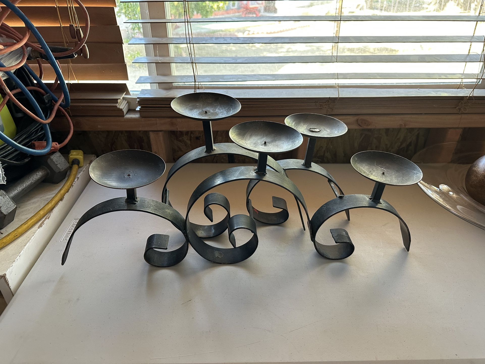 Wrought Iron black heavy Candle Holder LARGE 5 Pillar Scroll 25w x 6d x 11”h