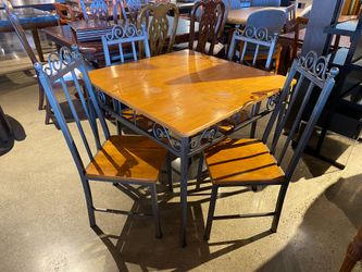 Wrought Iron and Wood Square Dining Table with Four Chairs