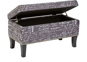 Linon Stephanie 32” Linen-Upholstered Storage Ottoman Bench with Gray Script Print