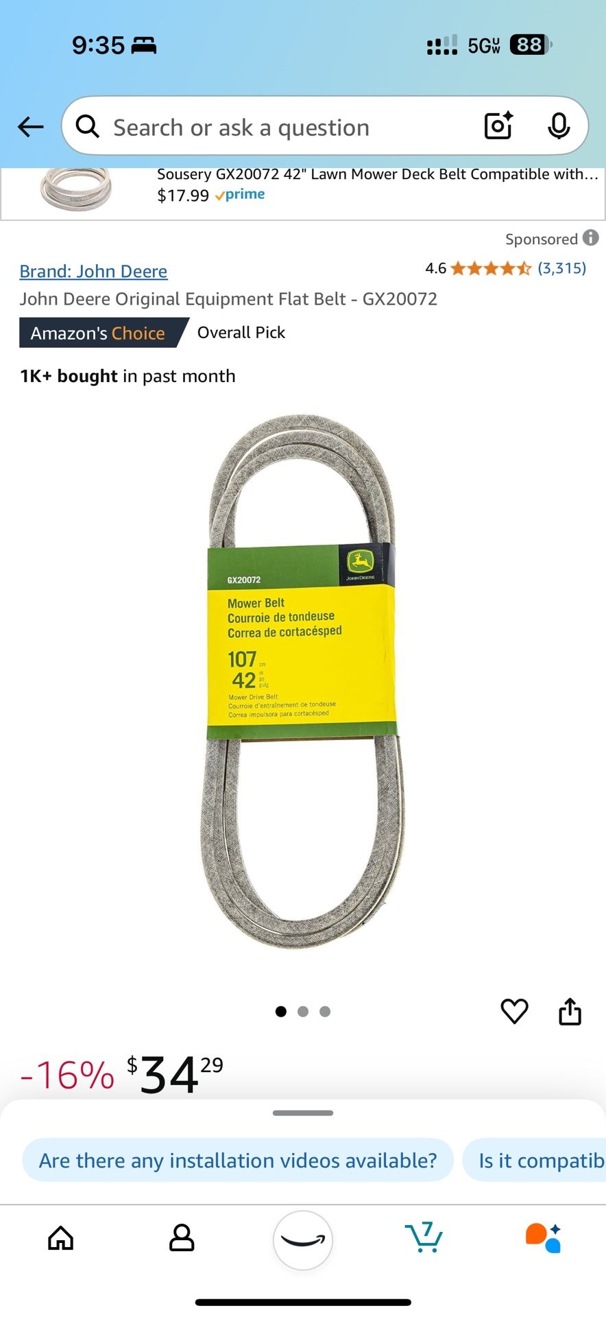 New John Deere Original Equipment Flat Mower Drive Belt GX20072 107cm/42”