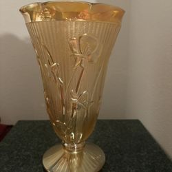 Vintage Jeanette Marigold Carnival Depression Glass "Iris & Herringbone" Vase 9"