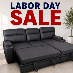 91" Black Performance Fabric Sleeper Sectional Sofa Chaise with Storage Arms and Cupholder