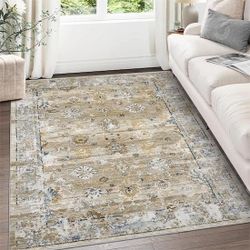 Modern Farmhouse Distressed Area Rug, Neutral Earth Tones Machine Washable