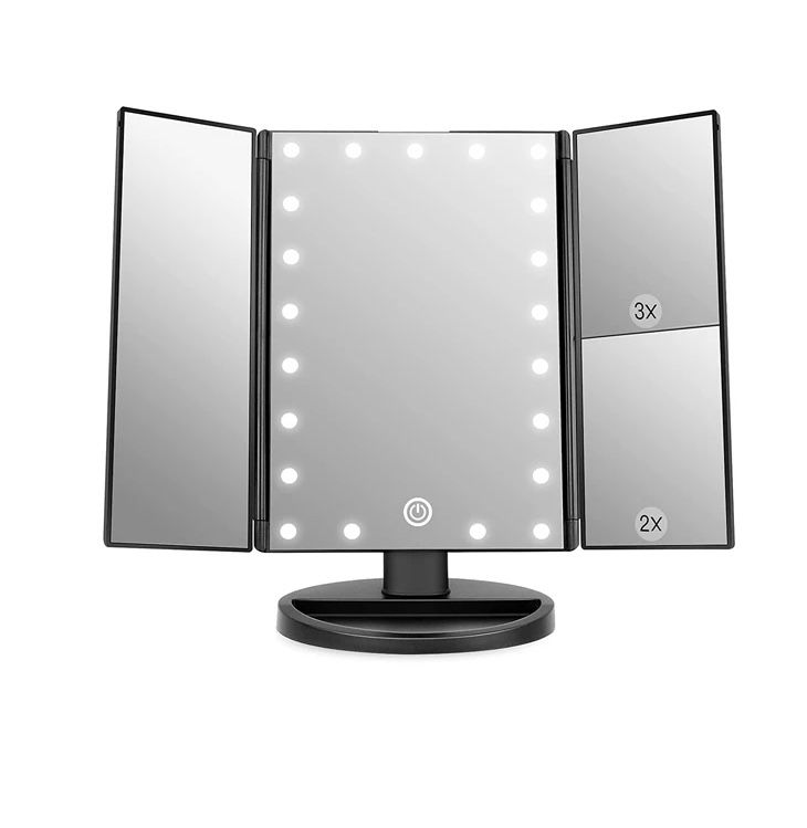 Touch Control Trifold Mirror 1x/2XL/3x Magnification Vanity Makeup Standing Make Up Mirror With 22 LEDs Lights