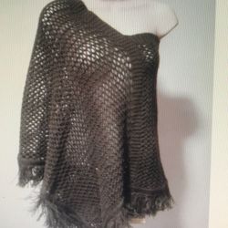 Zinc Women's Large Brown Crossover Shawl Sweater Wraps Knit Poncho Fringe Trim