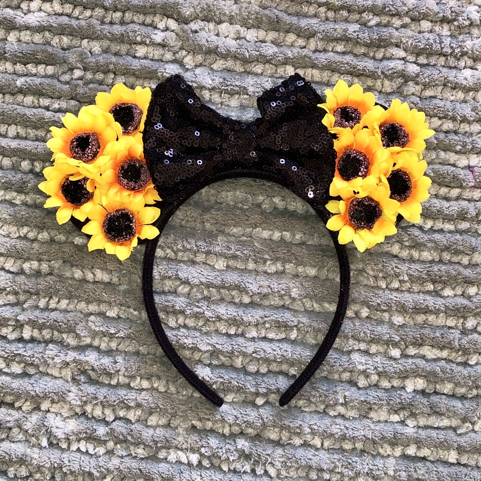 Minnie Mouse Sunflowers 🌻 & Black Sequin Bow Headband Ears