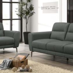 Brand New Grey Leather Modern Style Sofa & Loveseat