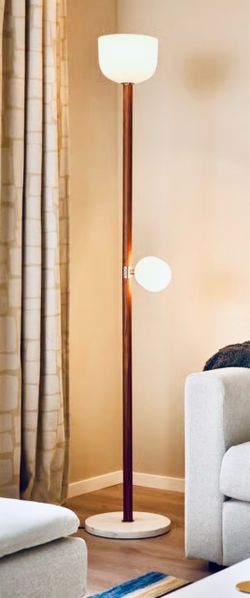 MOSSPLYM Floor uplighter/reading lamp, opal glass/dark-brown oak, 71 "