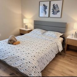 Bed Frame Mattress Nightstands Lamps Pictures Accent Chair Rug