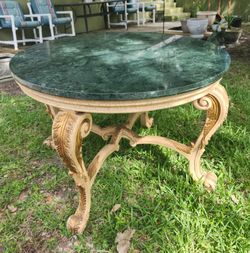 Round Hollywood Regency Style Green Marble Top Dining Table