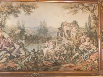 Vintage Antique French Tapestry In Wood Frame