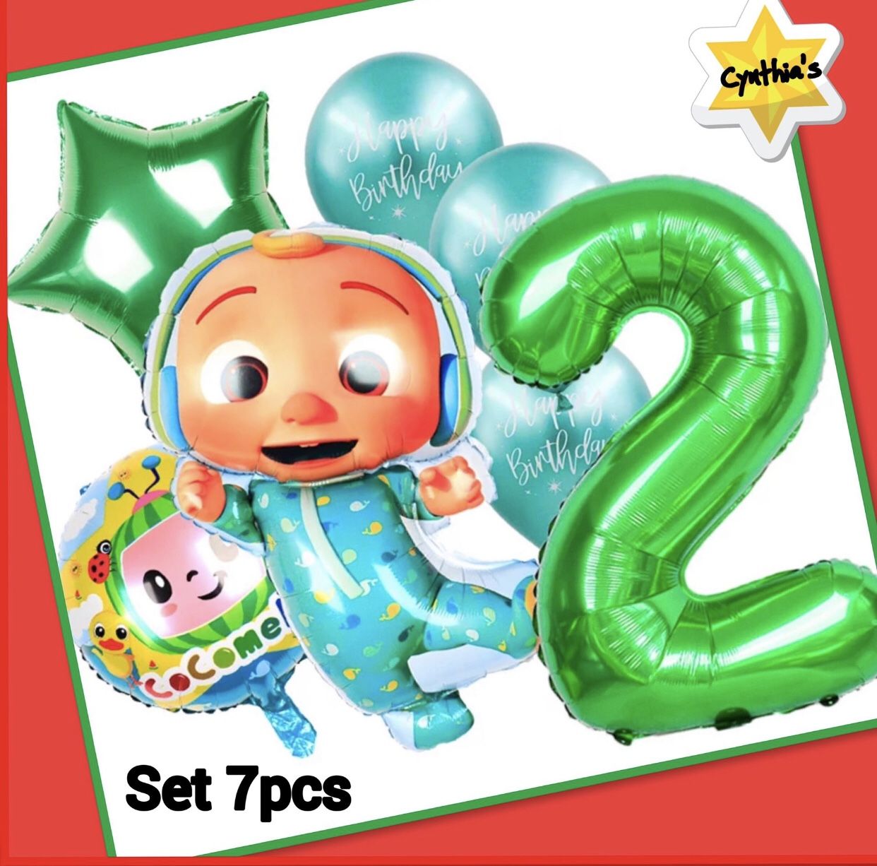Cocomelon Happy Birthday Balloon Bouquet (7 Balloons), 1st, 2nd or 3rd Birthday Party Decorations