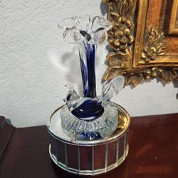 Vintage Blown Glass Flower /Bird Mirrored Musical Box Decoration 