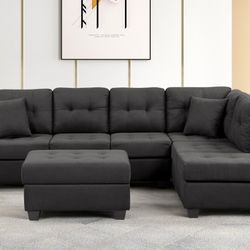 BLACK Fabric Reversible Sectional Sofa & Ottoman w/ Throw Pillows $699