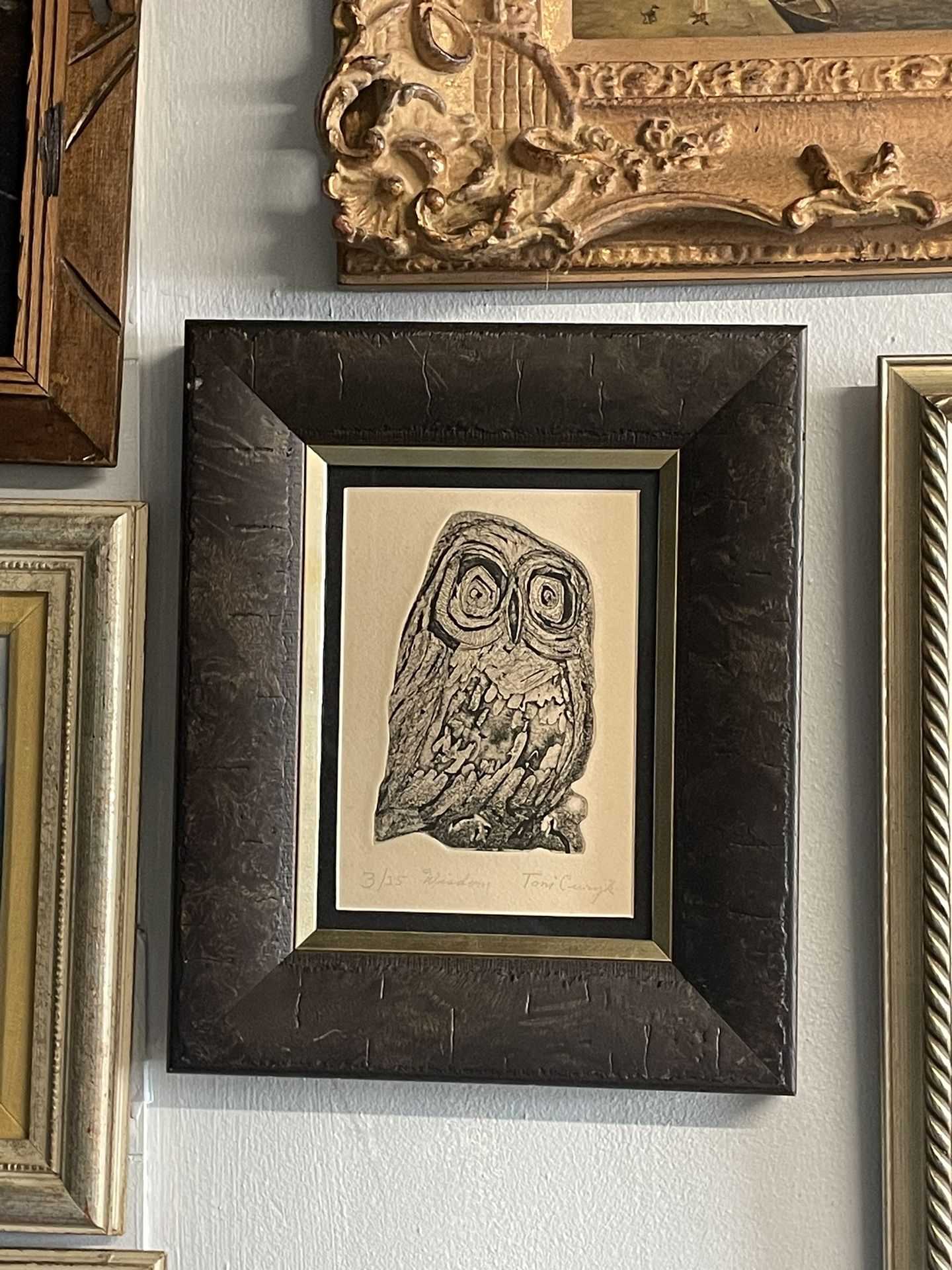 Black & White Elf Owl Etching Signed Numbered “ WISDOM “ By Toni Curyk Framed