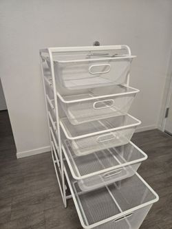 5 Ikea White wire Algot Baskets. 1 large and 4 medium size