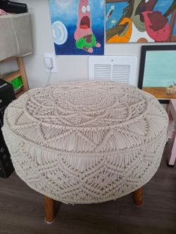 Round Macrame Ottoman with Wood Legs