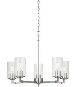 Chandelier Brushed Nickel, Clear Seeded Glass 5 Lights Vintage Dimmable Damp Rated