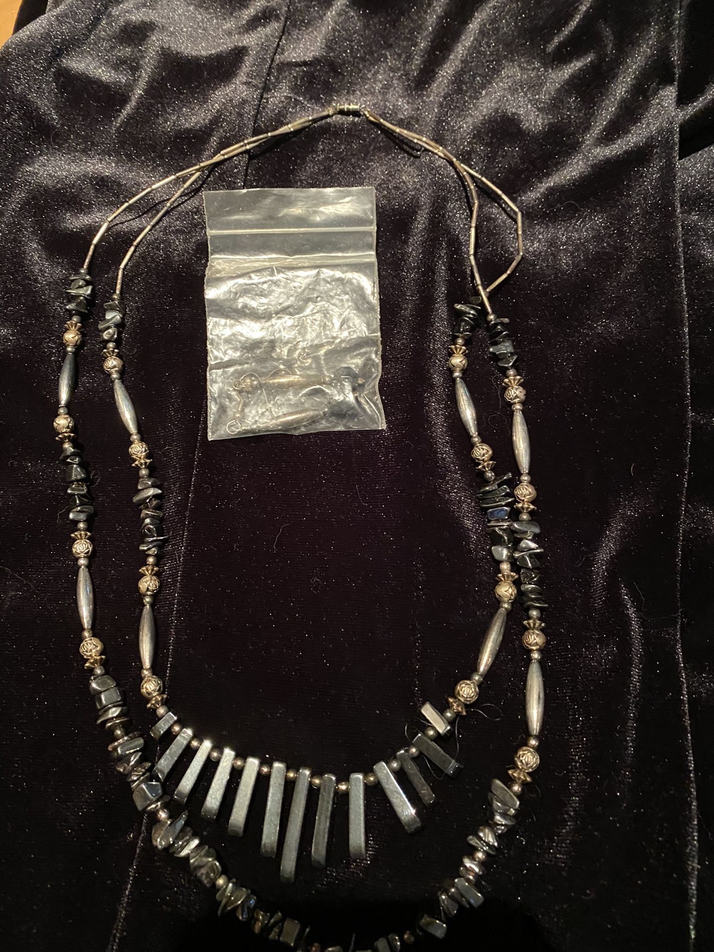 Mexican silver/black beaded necklace- earrings from Mexico $35