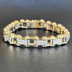 Jewelry Men's 14k solid yellow & white gold VS 6 CTW diamonds motorcycle chain bracelet 9" two tone 92 grams