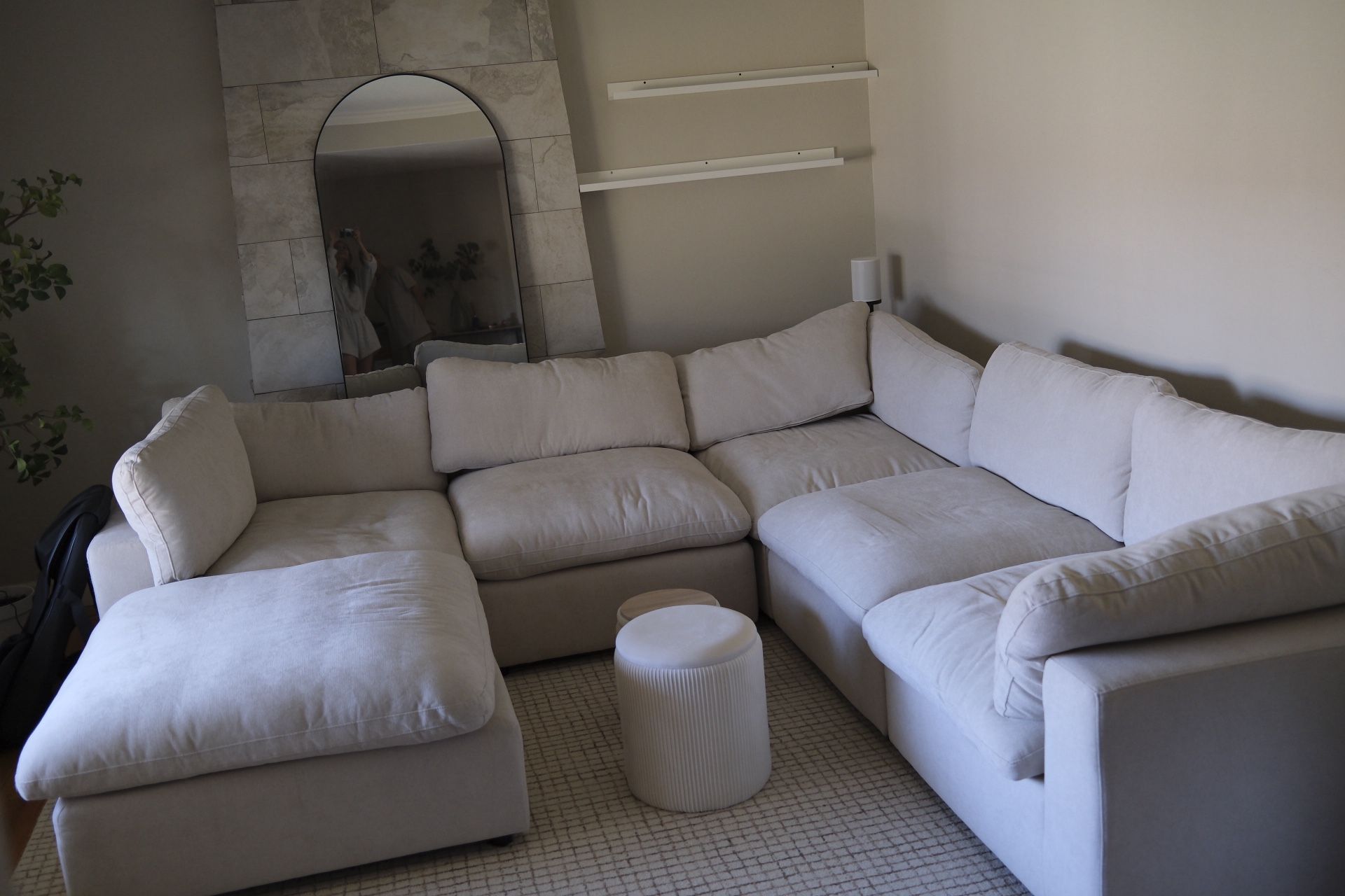 Zone Cream White Fabric 161" 7 Piece Modular U-Shaped Sectional with 3 Corners 3 Armless Chairs & Ottoman Reversible